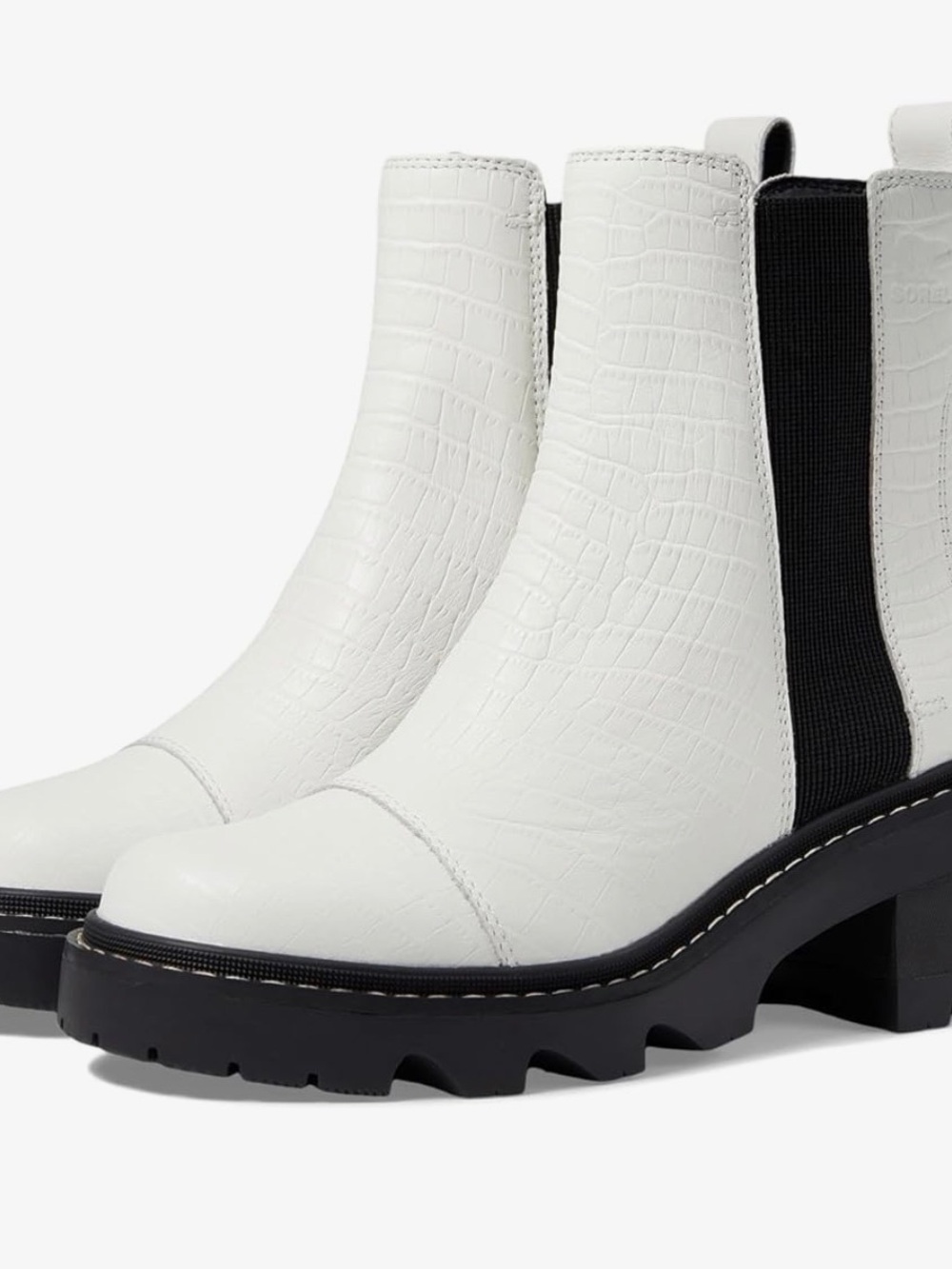 Sorel White Croc-Embossed Chelsea Ankle Boots with Black Elastic